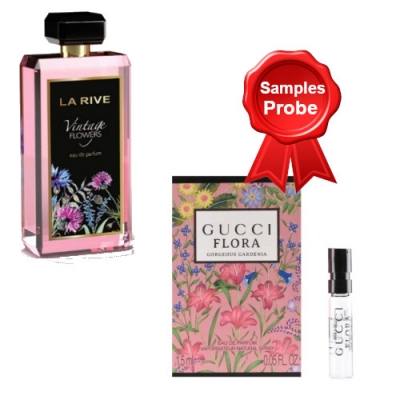 La Rive Vintage Flowers - Eau de Parfum for Women 90 ml, Sample Gucci Flora Gorgeous Gardenia EDP 1,5 ml